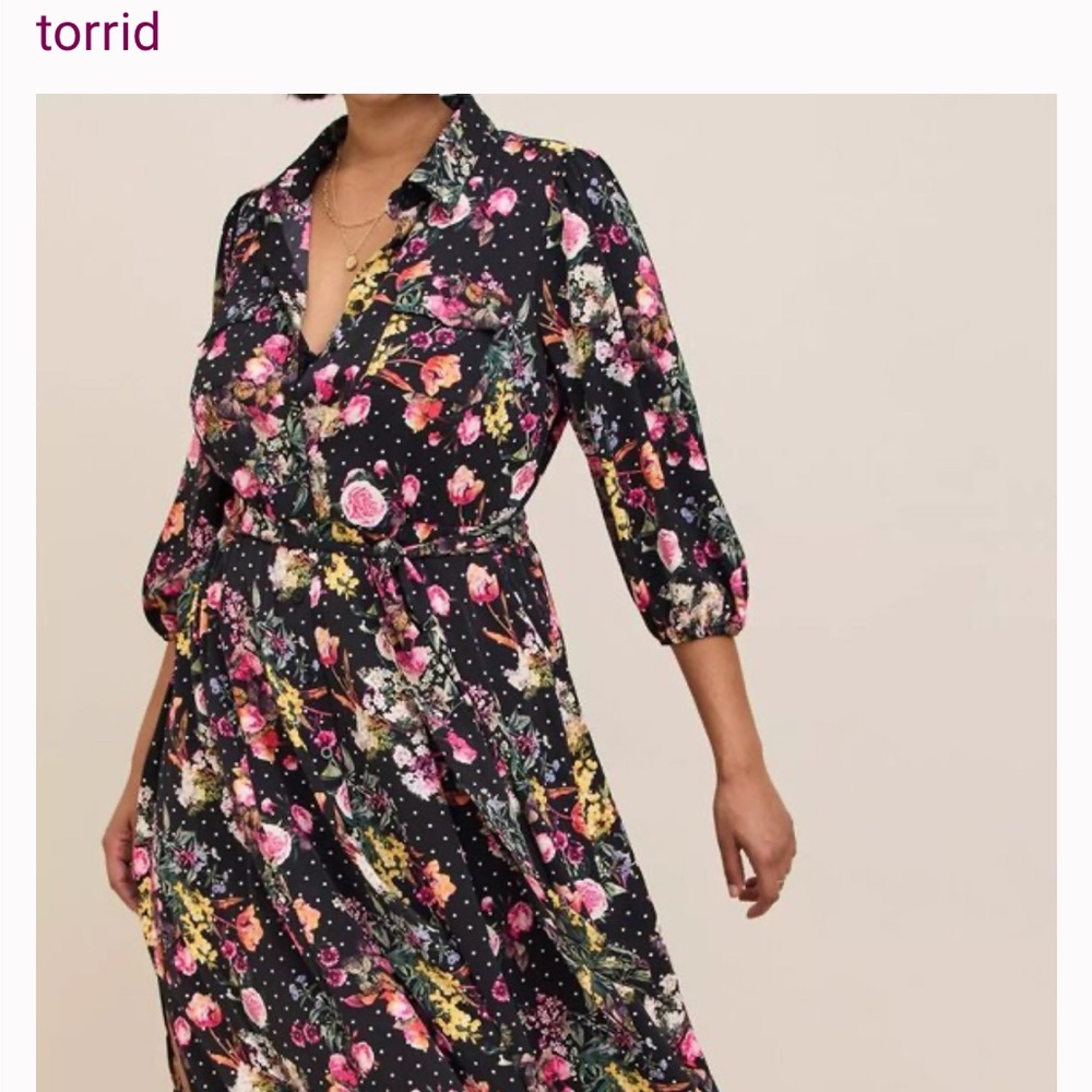 Torrid Black FTea Length Studio Refined Floral Woven Shirt Dress